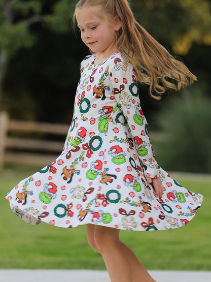 Winter Christmas Character Colorful Print  Girls Dress