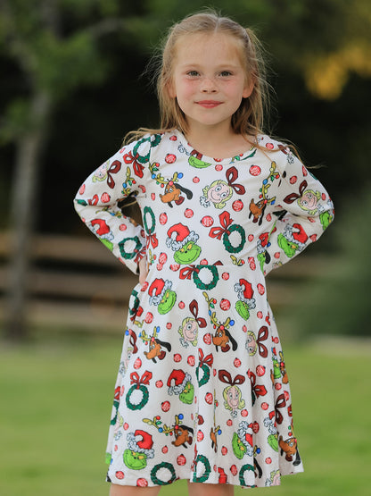 Winter Christmas Character Colorful Print  Girls Dress