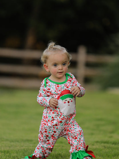 Christmas Santa Applique Baby Girls Floral Long Sleeve Ruffle Romper with Bow Ties