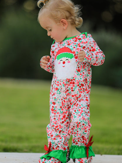 Christmas Santa Applique Baby Girls Floral Long Sleeve Ruffle Romper with Bow Ties