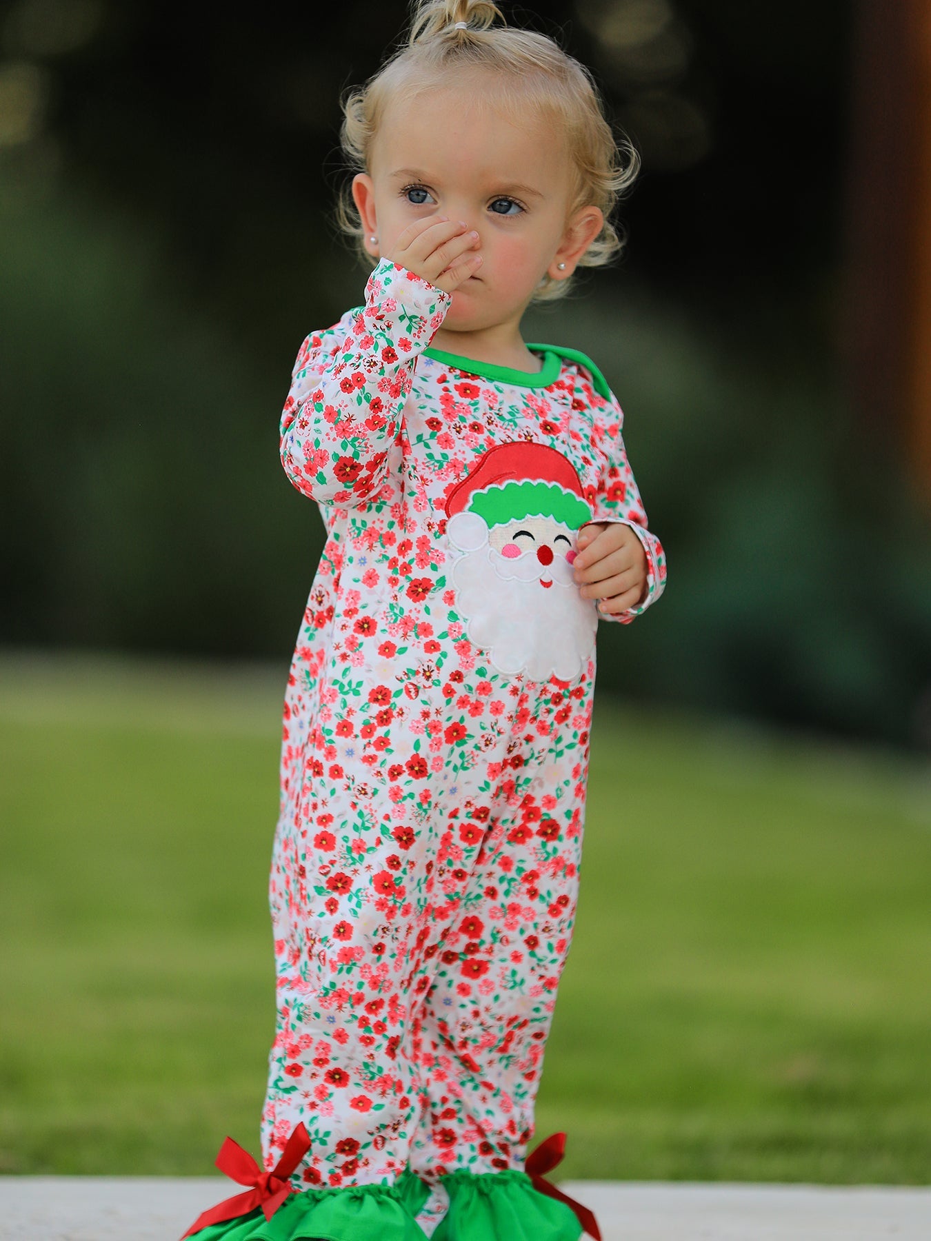 Christmas Santa Applique Baby Girls Floral Long Sleeve Ruffle Romper with Bow Ties