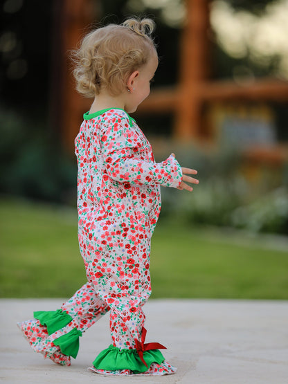 Christmas Santa Applique Baby Girls Floral Long Sleeve Ruffle Romper with Bow Ties
