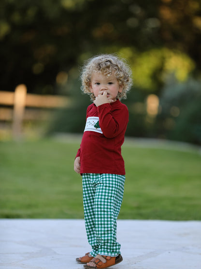 Christmas Tree Dog Smocking Embroidered  Plaid Boys Set