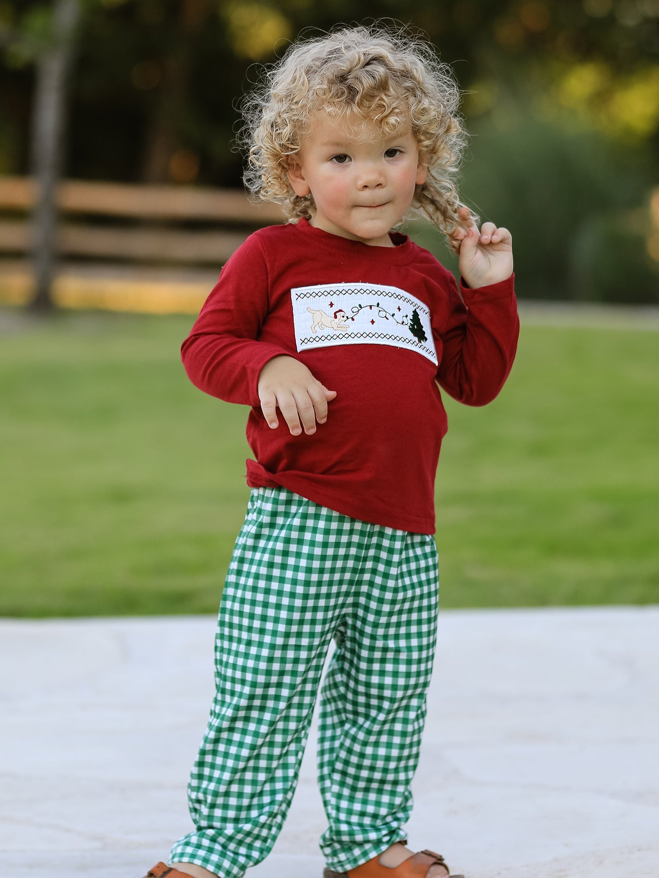 Christmas Tree Dog Smocking Embroidered  Plaid Boys Set