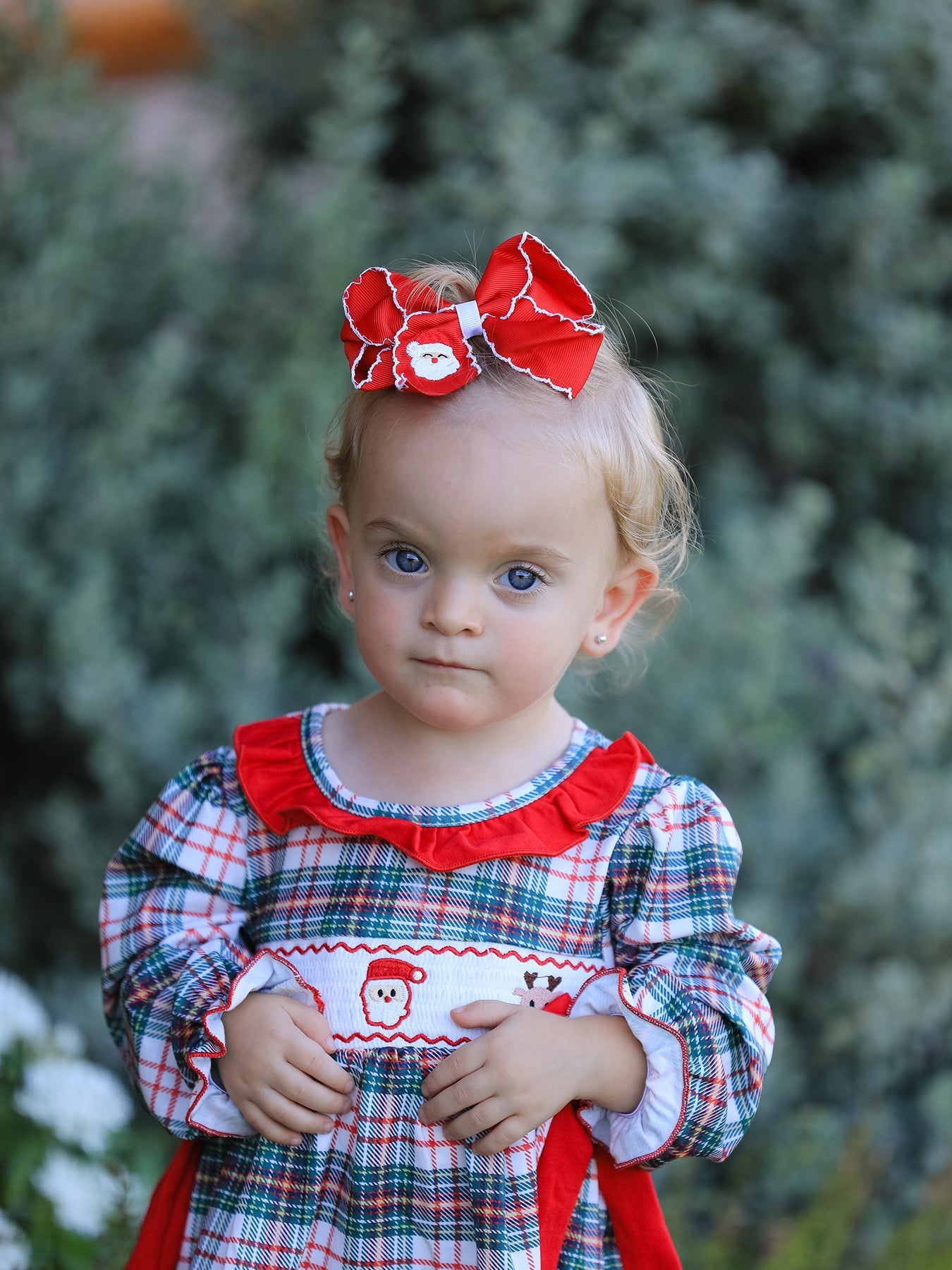 Christmas Plaid Smocking Embroidered Girls Bloomers Romper Set