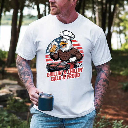 Grillin’ & Chillin’, Bald & Proud T-Shirt – Patriotic Bald Eagle BBQ Vintage Tee