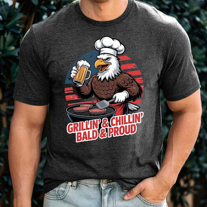 Grillin’ & Chillin’, Bald & Proud T-Shirt – Patriotic Bald Eagle BBQ Vintage Tee