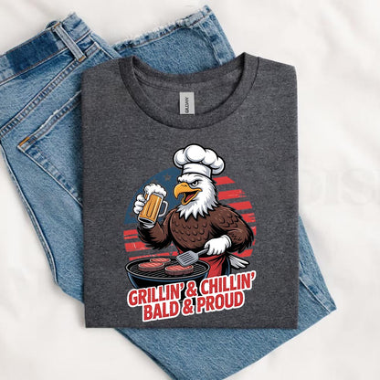 Grillin’ & Chillin’, Bald & Proud T-Shirt – Patriotic Bald Eagle BBQ Vintage Tee