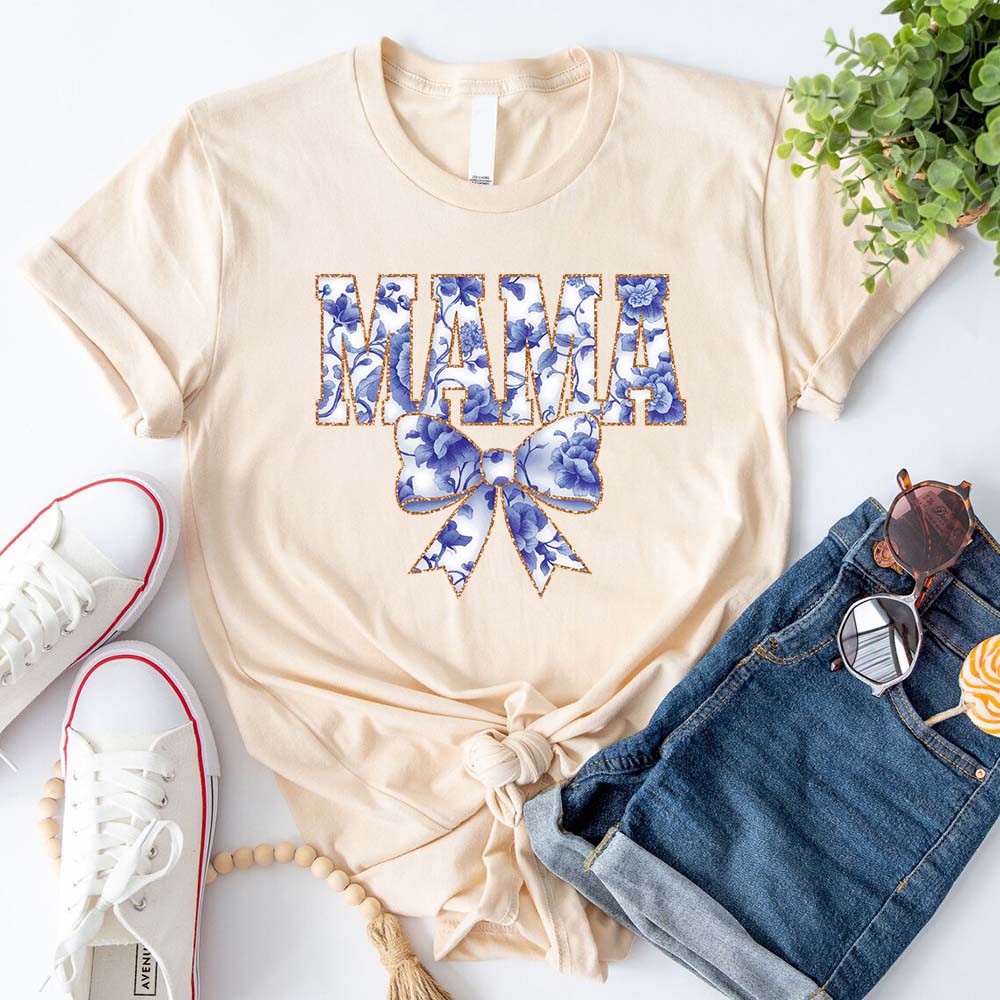 Mama Chinoiserie Coquette Bow T-Shirts – Elegant & Trendy Graphic Tees for Moms