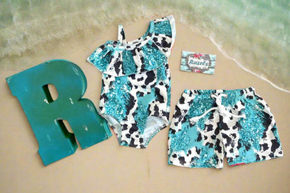 TURQUOISE COWPRINT, Cow Swimsuits, SIBLING Swimsuits, Western Swimsuits, Turquoise Cowhide, Black and White Cow, Matching Family Swimsuits,