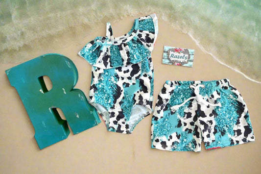 TURQUOISE COWPRINT, Cow Swimsuits, SIBLING Swimsuits, Western Swimsuits, Turquoise Cowhide, Black and White Cow, Matching Family Swimsuits,