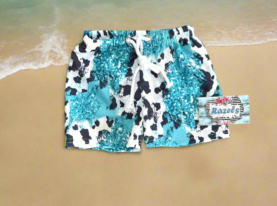 TURQUOISE COWPRINT, Cow Swimsuits, SIBLING Swimsuits, Western Swimsuits, Turquoise Cowhide, Black and White Cow, Matching Family Swimsuits,