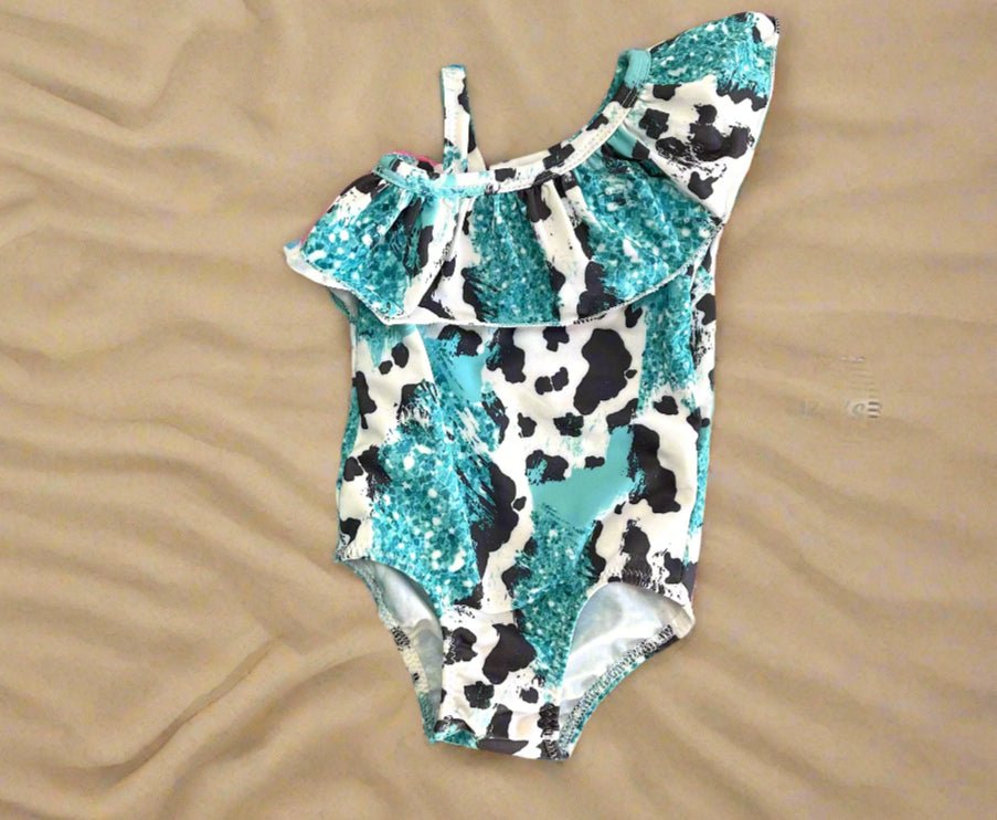TURQUOISE COWPRINT, Cow Swimsuits, SIBLING Swimsuits, Western Swimsuits, Turquoise Cowhide, Black and White Cow, Matching Family Swimsuits,
