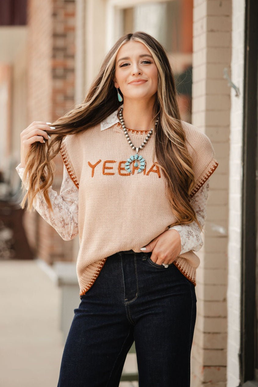 'YEEHAW' Contrast Stitched Sweater