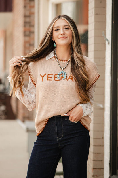 'YEEHAW' Contrast Stitched Sweater