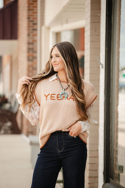 'YEEHAW' Contrast Stitched Sweater